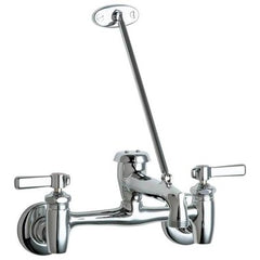 Chicago Faucet Co 897-RCF Service Faucet Wall Mount 7-5/8 to 8-3/8 Inch 2 Lever ADA Rough Chrome with Atmospheric Vacuum Breaker/Short Spout Pail Hook and Wall Brace | Midwest Supply Us