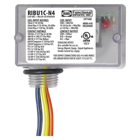 Functional Devices RIBU1C-N4 Enclosed Relay NEMA4/4X 10Amp SPDT 10-30Vac/dc/120Vac | Midwest Supply Us