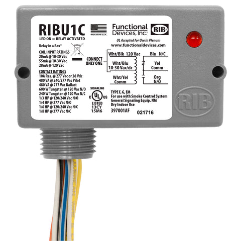 Functional Devices RIBU1C Enclosed Relay 10Amp SPDT 10-30Vac/dc/120Vac | Midwest Supply Us