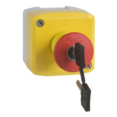 Schneider Electric (Square D) XALK188H7 Harmony XALK Complete Control Station, Yellow with 1 Red Mushroom Head Pushbutton, 40mm Key Release, 1 NC, NEMA 13/4X | Midwest Supply Us