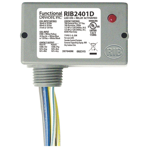 Functional Devices RIB2401D Enclosed Relay 10Amp DPDT 24Vac/dc/120Vac  | Midwest Supply Us