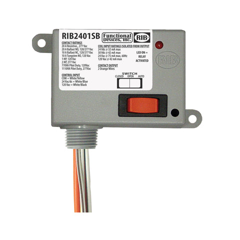 RIB RELAYS RIB2401SB Enclosed Relay 20amp Spst-no + Override 24vac/dc/120vac  | Midwest Supply Us