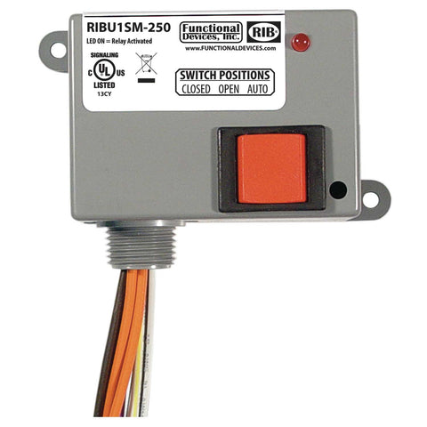 Functional Devices RIBU1SM-250 Enclosed Relay 10Amp SPST 10-30Vac/dc or 120Vac + Override + Monitor  | Midwest Supply Us