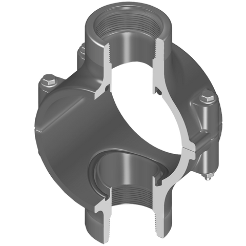 Spears 869-525SR 6X1 PVC CLAMP SADDLE DOUBLE OUTLET REINFORCED FEMALE THREAD EPDM ZINC BOLT  | Midwest Supply Us