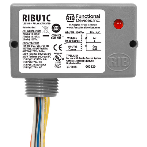 Functional Devices RIBU1C Enclosed Relay 10Amp SPDT 10-30Vac/dc/120Vac  | Midwest Supply Us